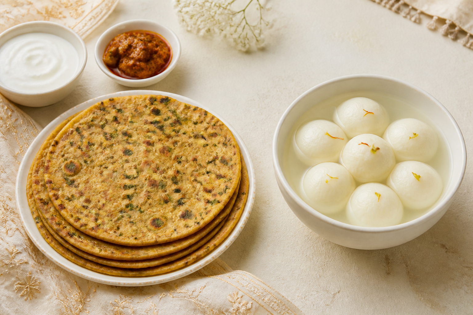 Gujarati thepla beside Bengali rasgulla